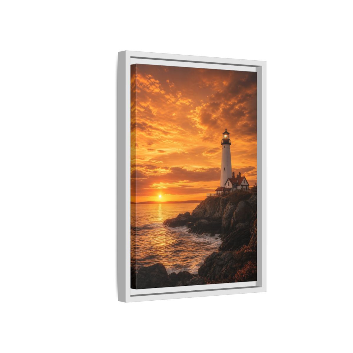 Side Mockup 4. Nature Lighthouse Orange Lighthouse Sunset shown as stretched canvas wall art