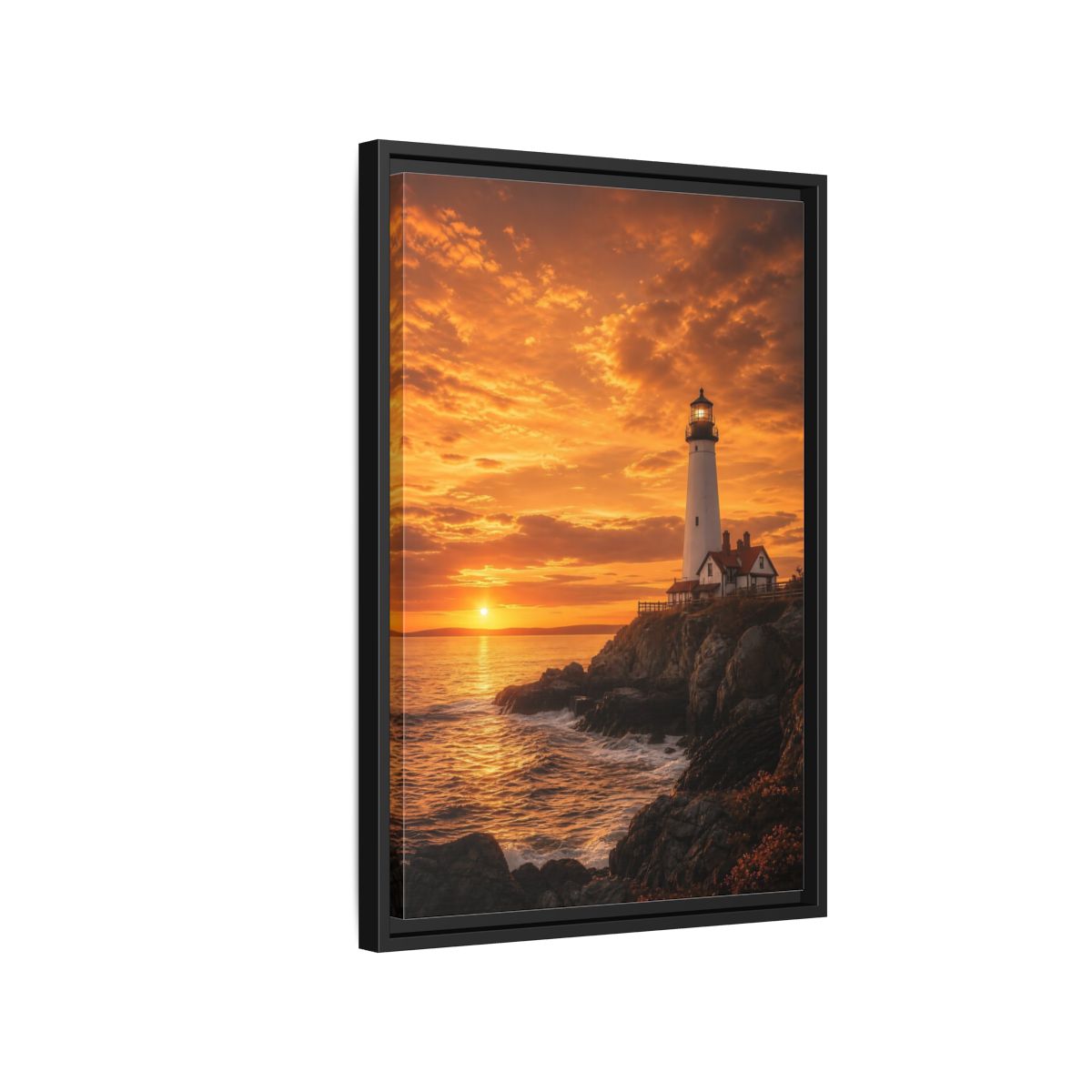 Side Mockup 3. Nature Lighthouse Orange Lighthouse Sunset shown as stretched canvas wall art