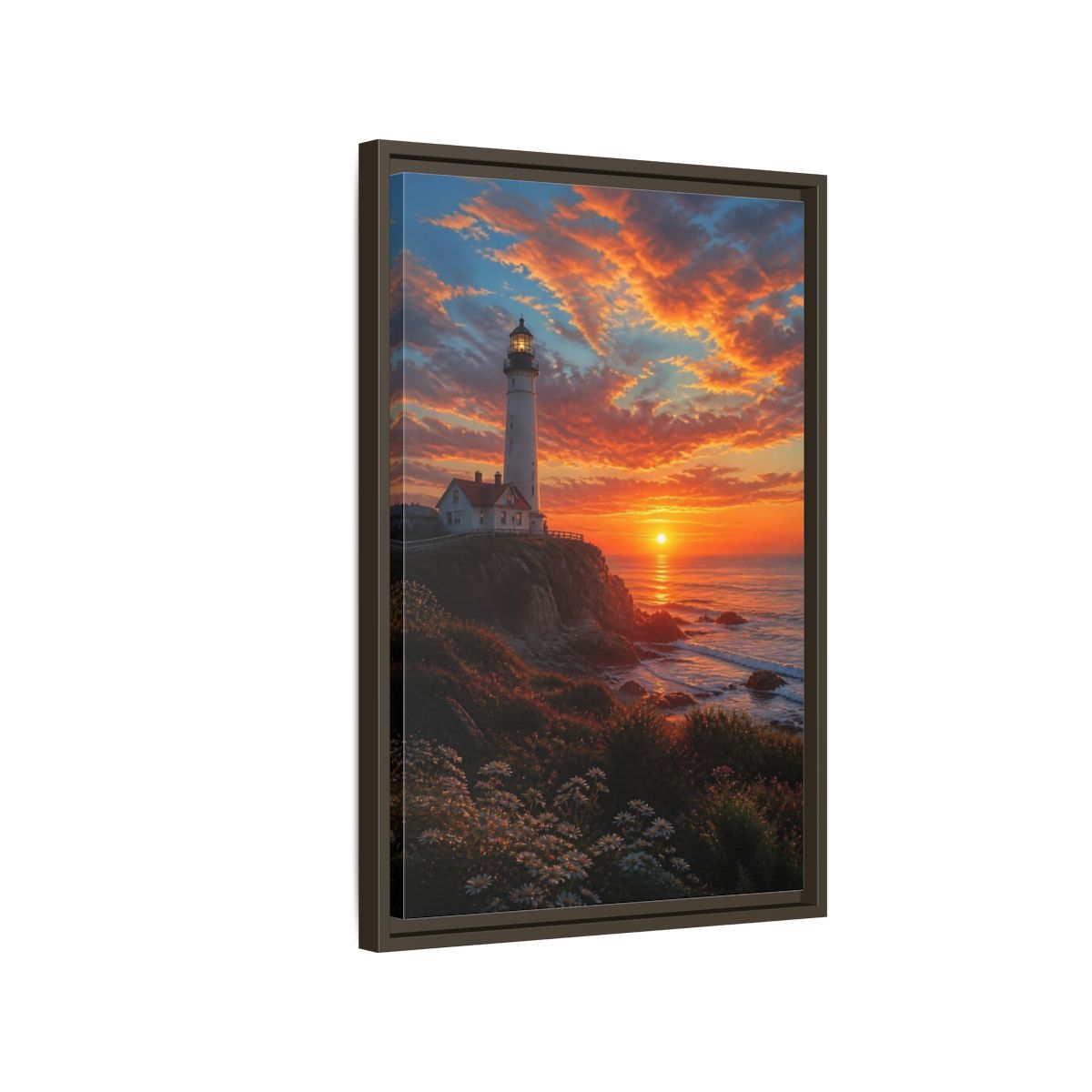 Nature Lighthouse Orange Sunset Framed Canvas Wall Art - Realistic Living Room, Above Sofa shown as canvas wall art