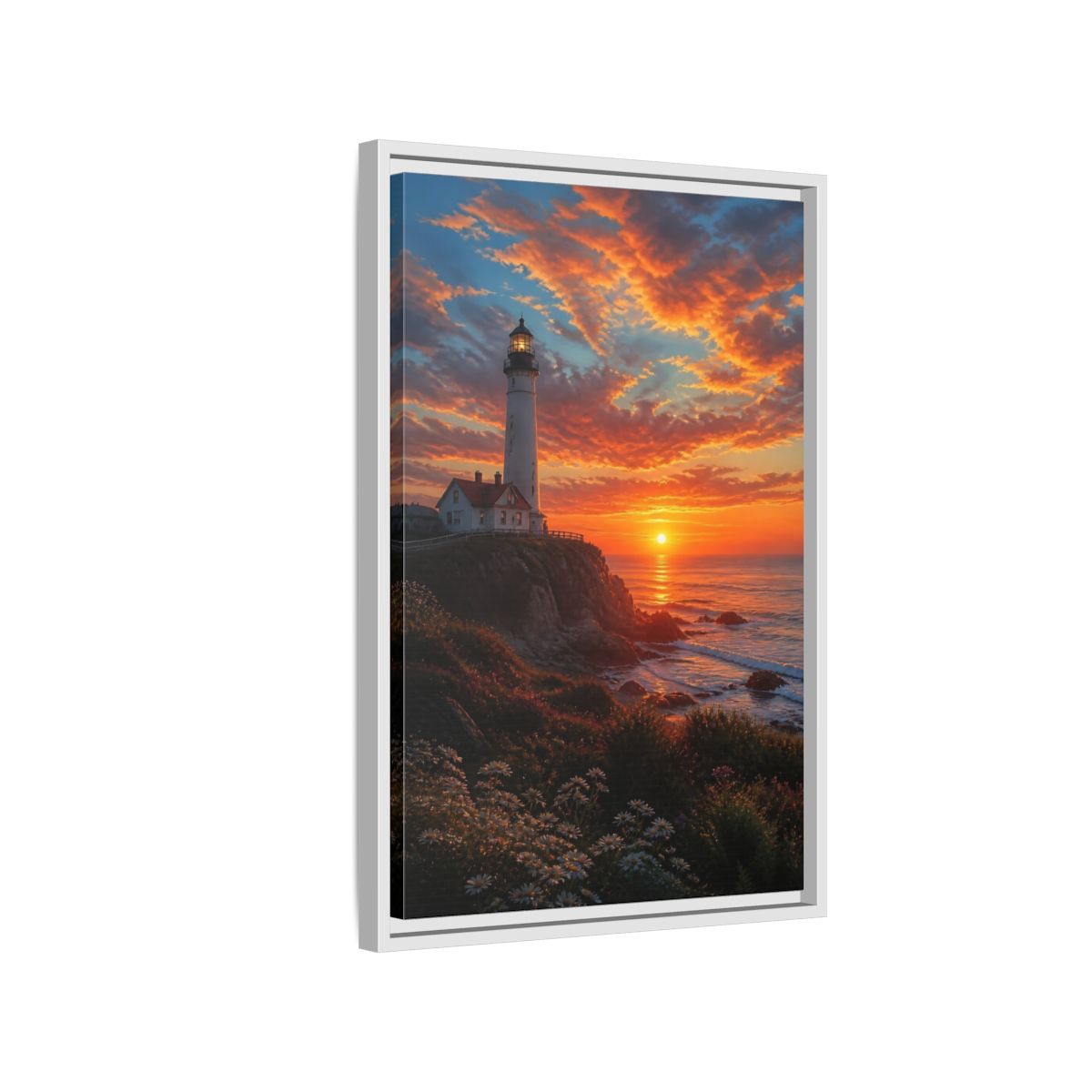 Nature Lighthouse Orange Sunset Framed Canvas Wall Art - Realistic Living Room, Above Sofa shown as canvas wall art