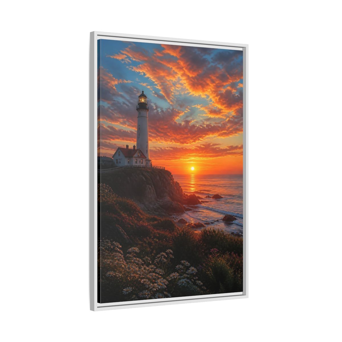 Nature Lighthouse Orange Sunset Framed Canvas Wall Art - Realistic Living Room, Above Sofa shown as canvas wall art