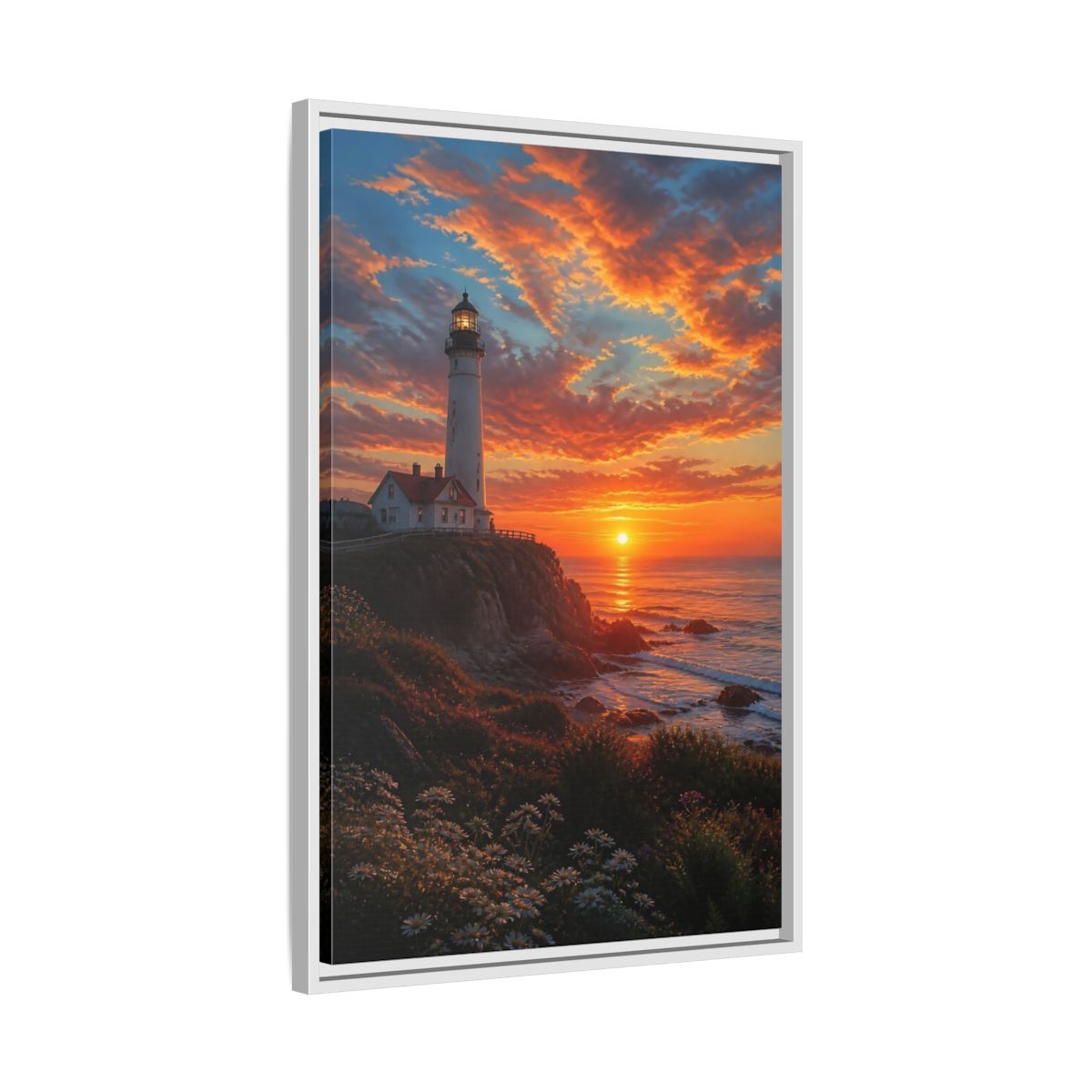 Nature Lighthouse Orange Sunset Framed Canvas Wall Art - Realistic Living Room, Above Sofa shown as canvas wall art