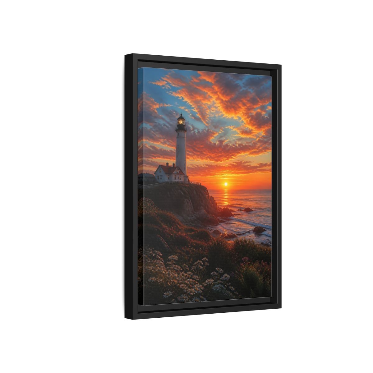 Nature Lighthouse Orange Sunset Framed Canvas Wall Art - Realistic Living Room, Above Sofa shown as canvas wall art