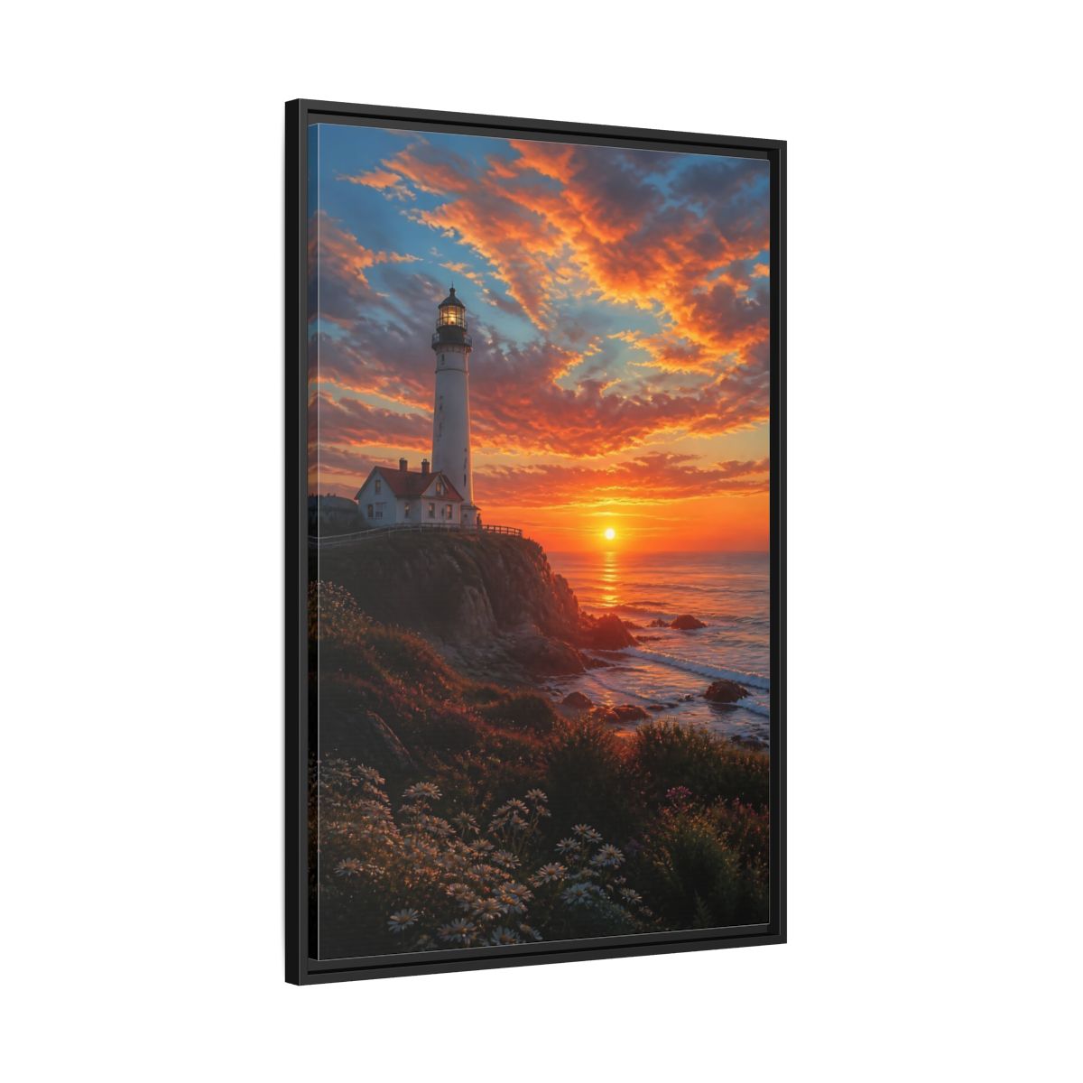 Nature Lighthouse Orange Sunset Framed Canvas Wall Art - Realistic Living Room, Above Sofa shown as canvas wall art
