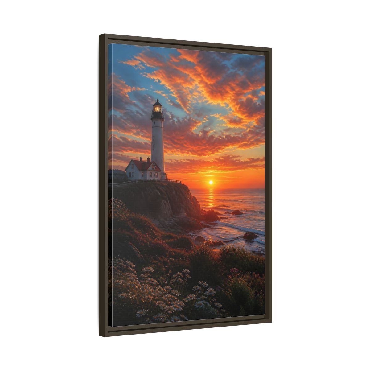 Nature Lighthouse Orange Sunset Framed Canvas Wall Art - Realistic Living Room, Above Sofa shown as canvas wall art