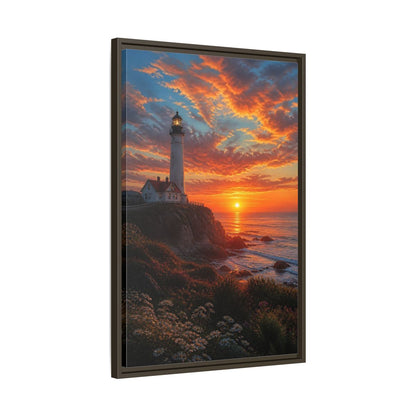 Nature Lighthouse Orange Sunset Framed Canvas Wall Art - Realistic Living Room, Above Sofa shown as canvas wall art