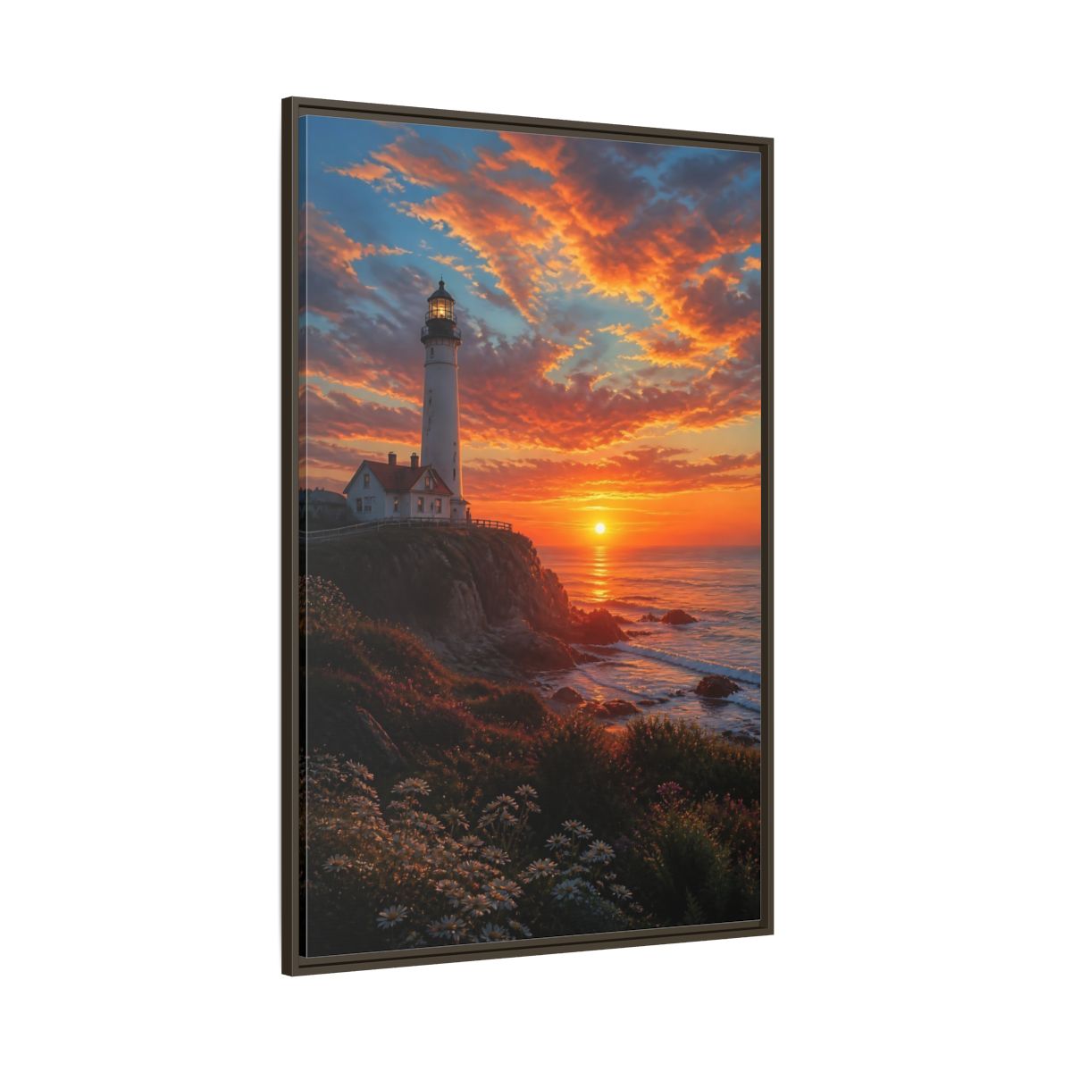 Nature Lighthouse Orange Sunset Framed Canvas Wall Art - Realistic Living Room, Above Sofa shown as canvas wall art