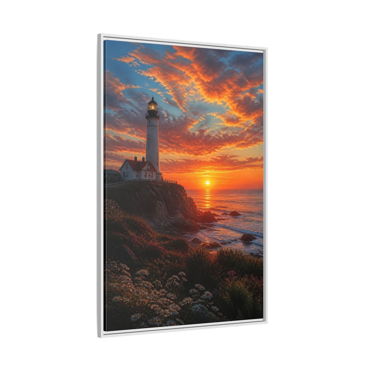 Nature Lighthouse Orange Sunset Framed Canvas Wall Art - Realistic Living Room, Above Sofa shown as canvas wall art