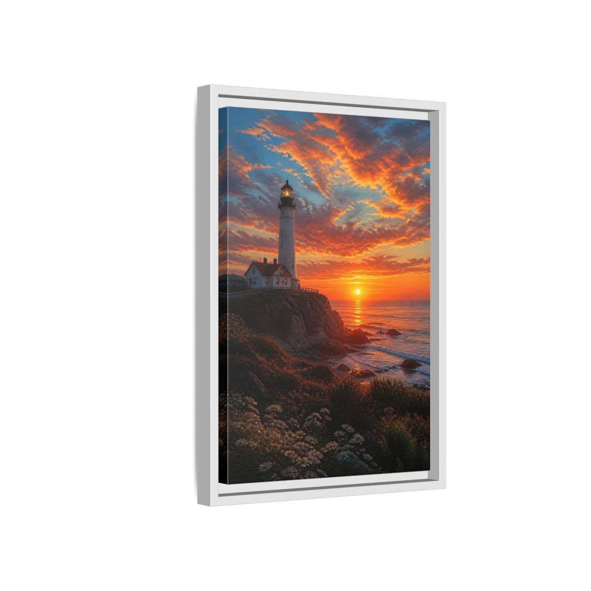Nature Lighthouse Orange Sunset Framed Canvas Wall Art - Realistic Living Room, Above Sofa shown as canvas wall art