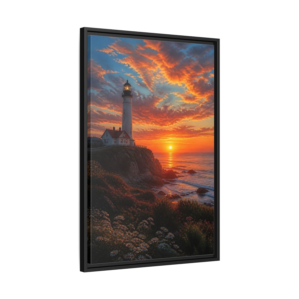 Nature Lighthouse Orange Sunset Framed Canvas Wall Art - Realistic Living Room, Above Sofa shown as canvas wall art