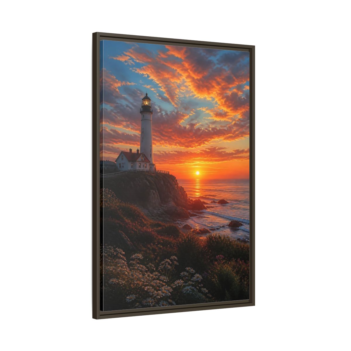 Nature Lighthouse Orange Sunset Framed Canvas Wall Art - Realistic Living Room, Above Sofa shown as canvas wall art