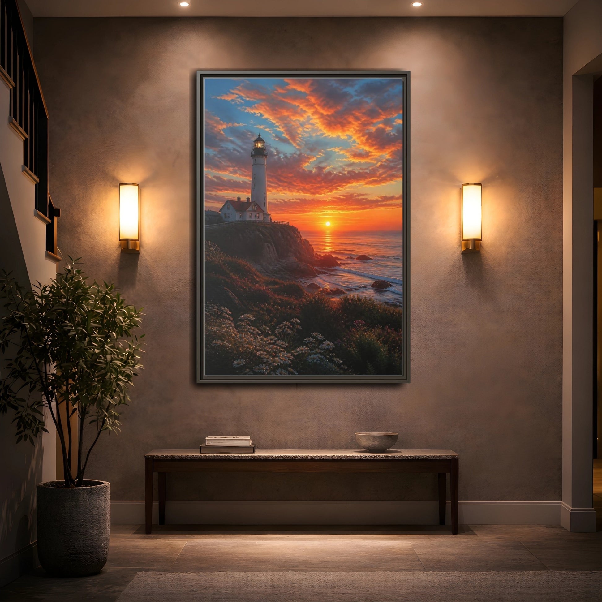 Nature Lighthouse Orange Sunset Framed Canvas Wall Art - Realistic Living Room, Above Sofa shown as canvas wall art