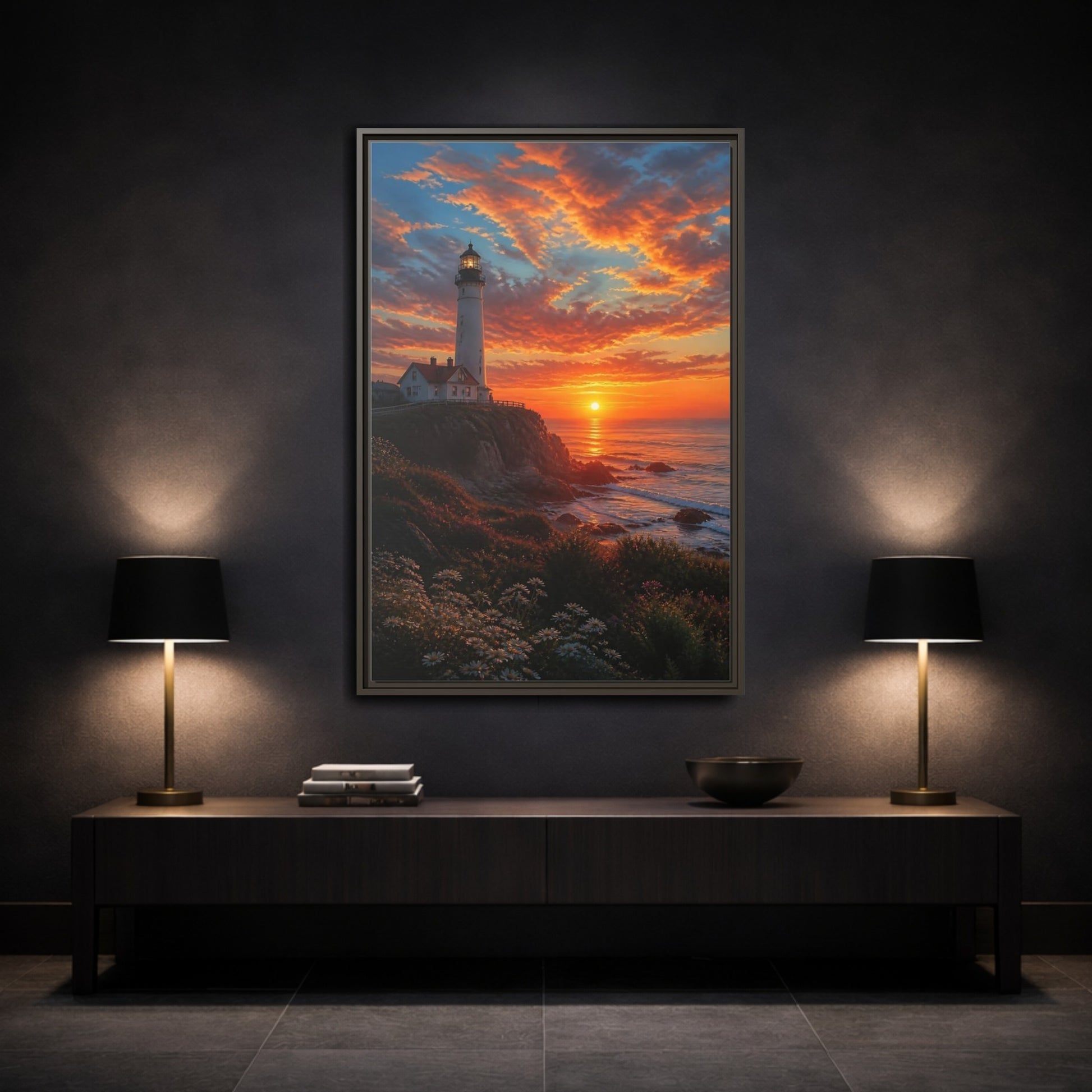 Nature Lighthouse Orange Sunset Framed Canvas Wall Art - Realistic Living Room, Above Sofa shown as canvas wall art
