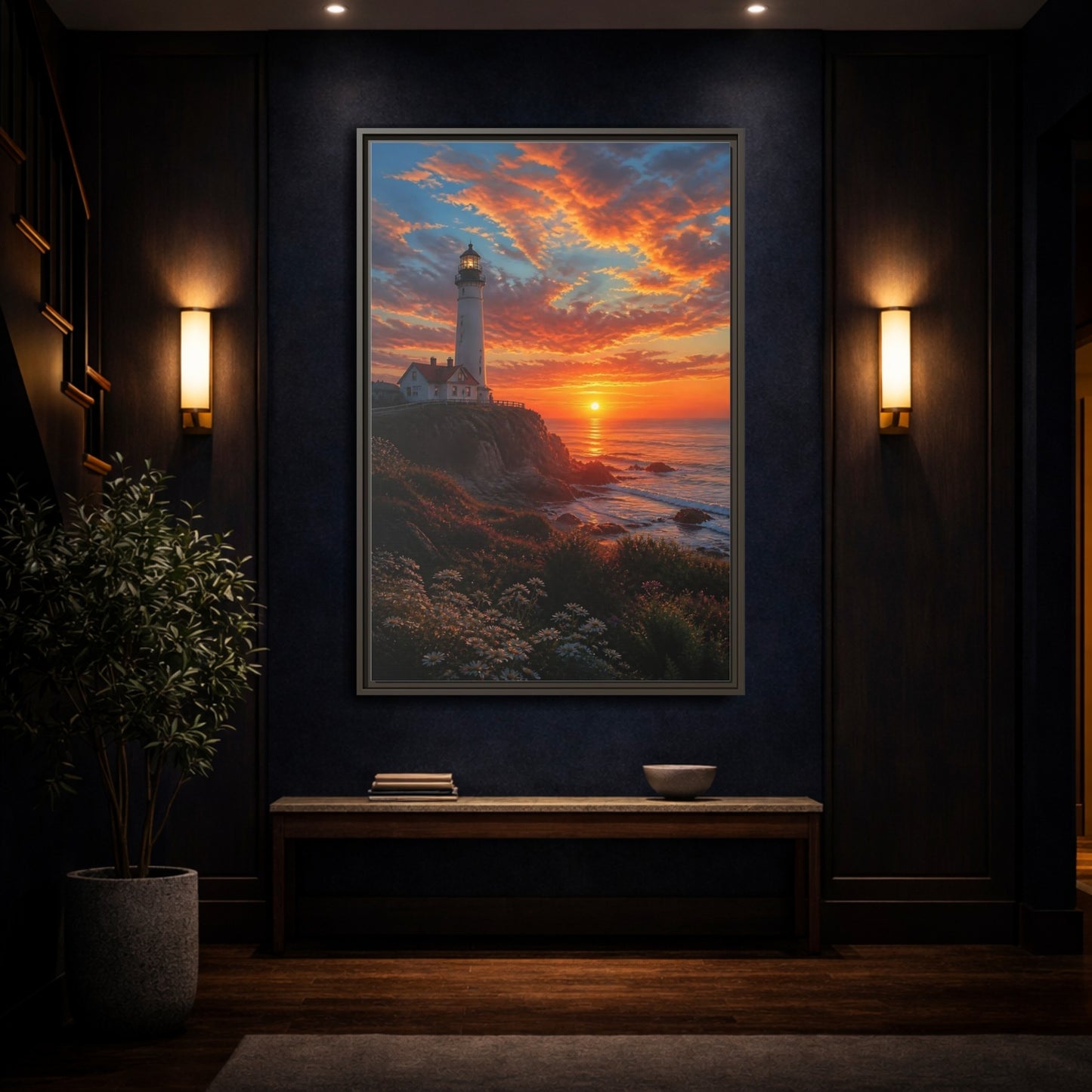 Nature Lighthouse Orange Sunset Framed Canvas Wall Art - Realistic Living Room, Above Sofa shown as canvas wall art