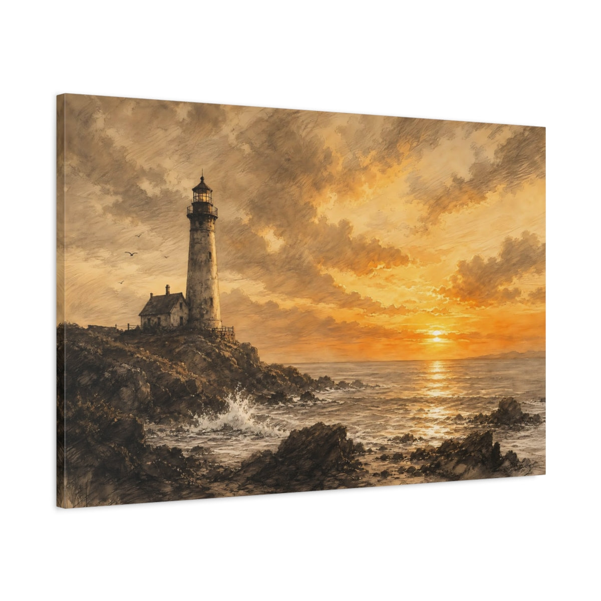 Main Mockup. Nature Lighthouse Sepia Sunset shown as stretched canvas wall art