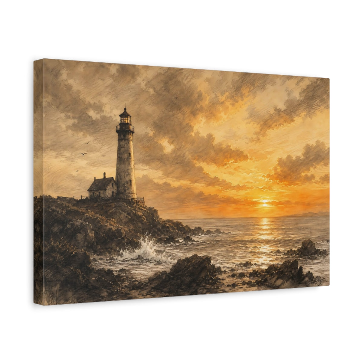 Side Mockup 4. Nature Lighthouse Sepia Sunset shown as stretched canvas wall art