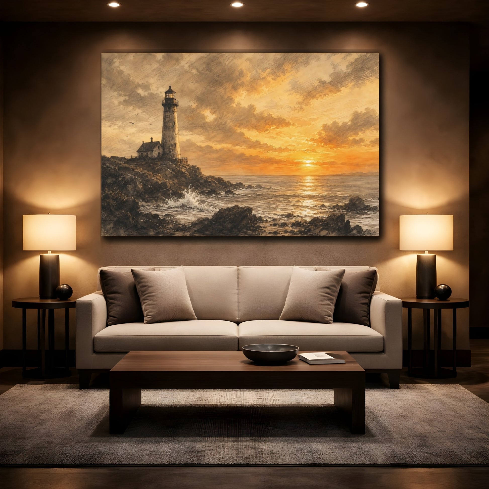 Mockup 2. Nature Lighthouse Sepia Sunset shown as stretched canvas wall art