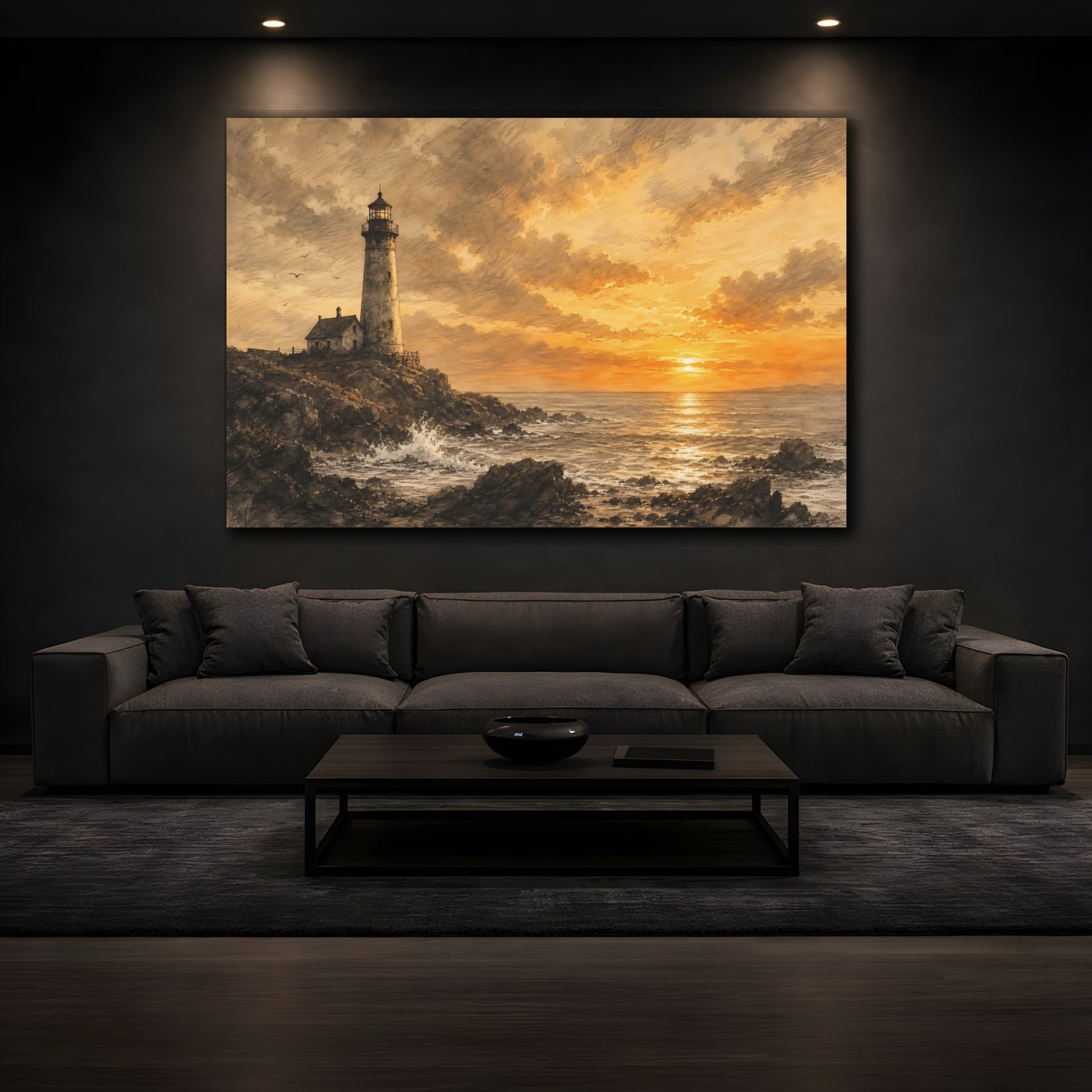 Mockup 3. Nature Lighthouse Sepia Sunset shown as stretched canvas wall art