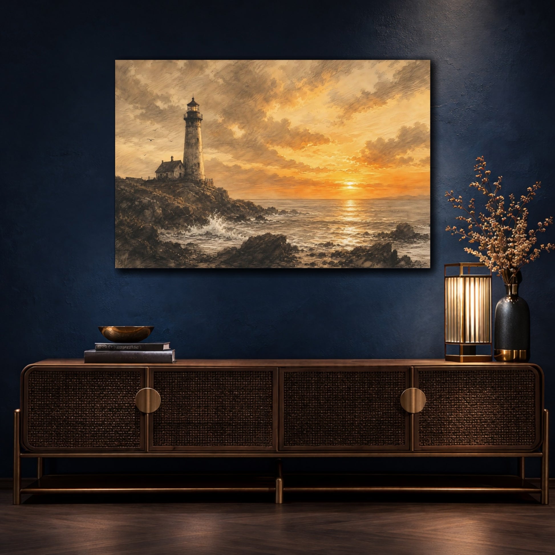 Mockup 4. Nature Lighthouse Sepia Sunset shown as stretched canvas wall art