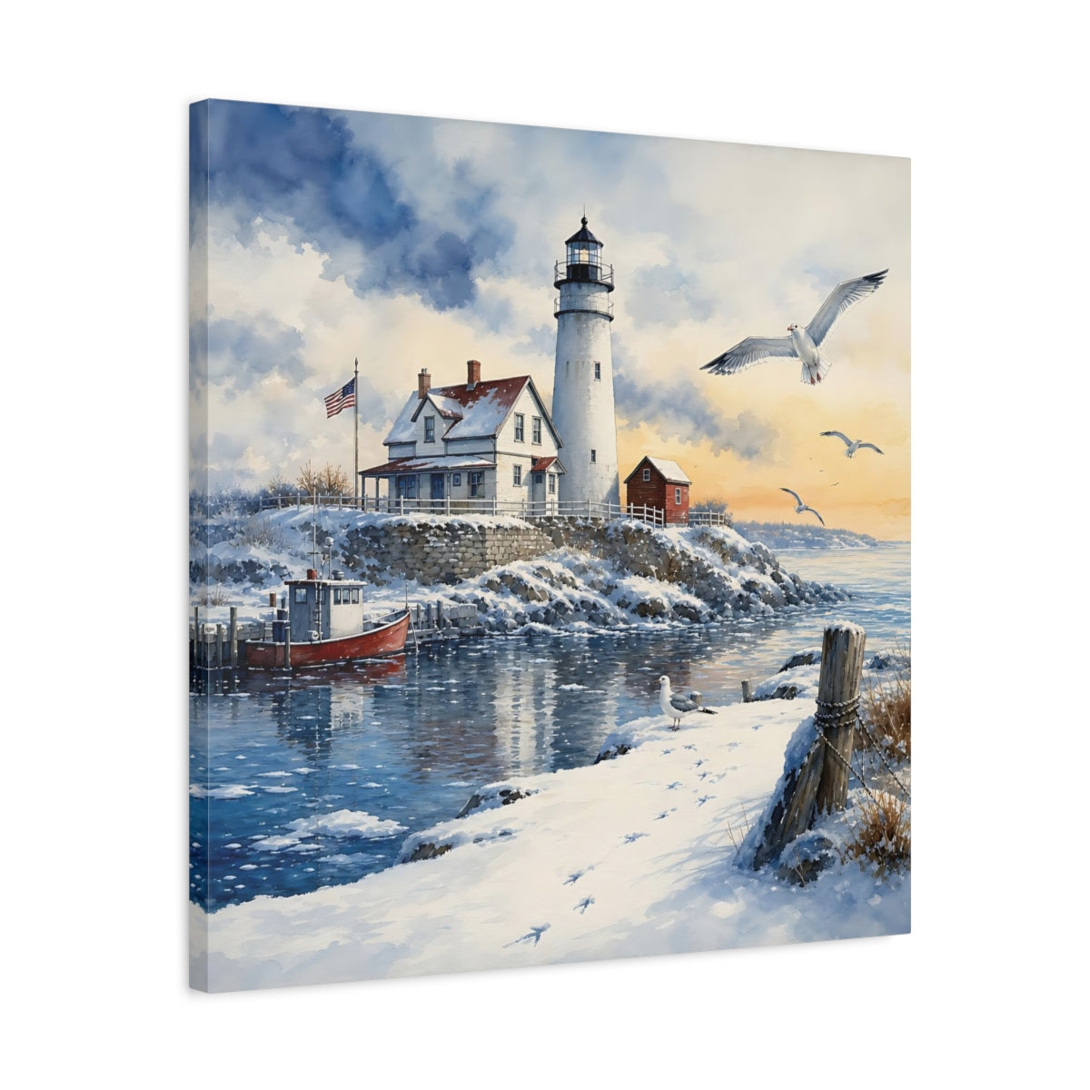 Side Mockup 4. Nature Lighthouse Snowy Lighthouse shown as stretched canvas wall art