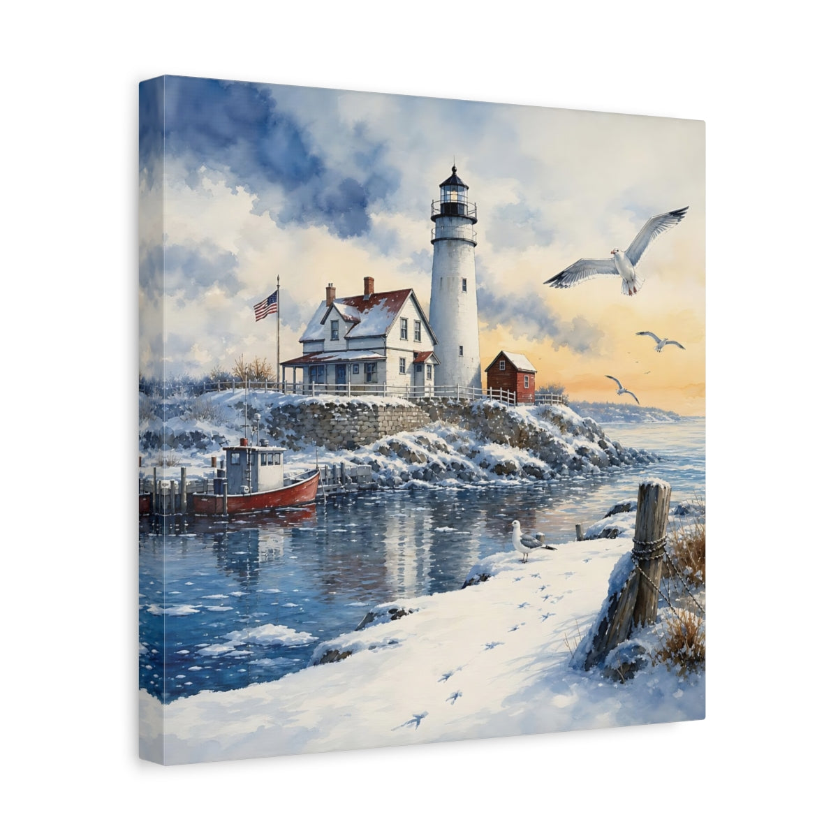 Side Mockup 7. Nature Lighthouse Snowy Lighthouse shown as stretched canvas wall art