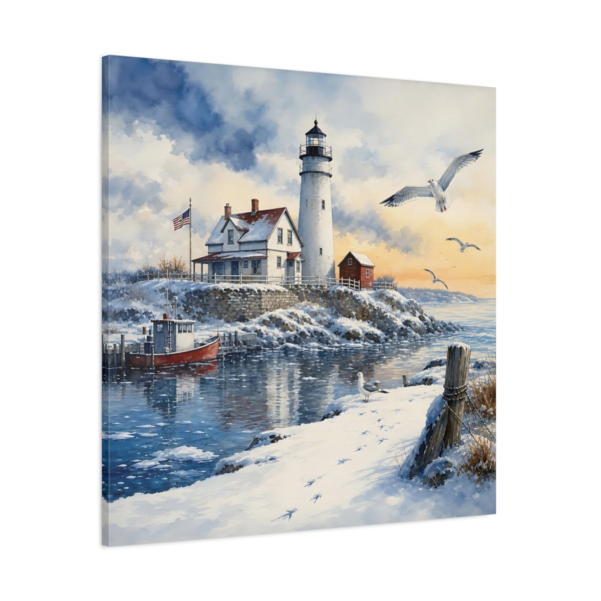 Side Mockup 1. Nature Lighthouse Snowy Lighthouse shown as stretched canvas wall art