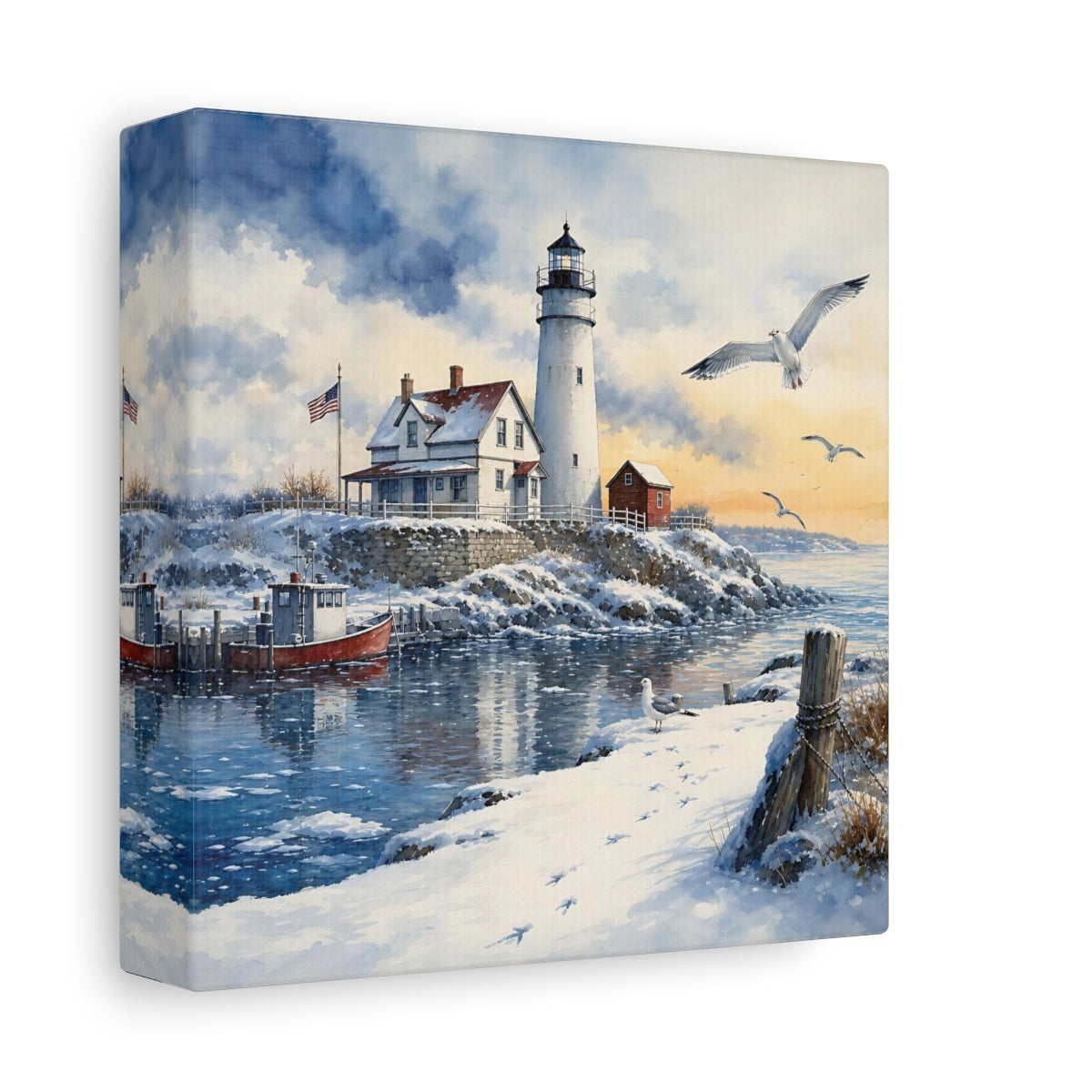 Side Mockup 2. Nature Lighthouse Snowy Lighthouse shown as stretched canvas wall art