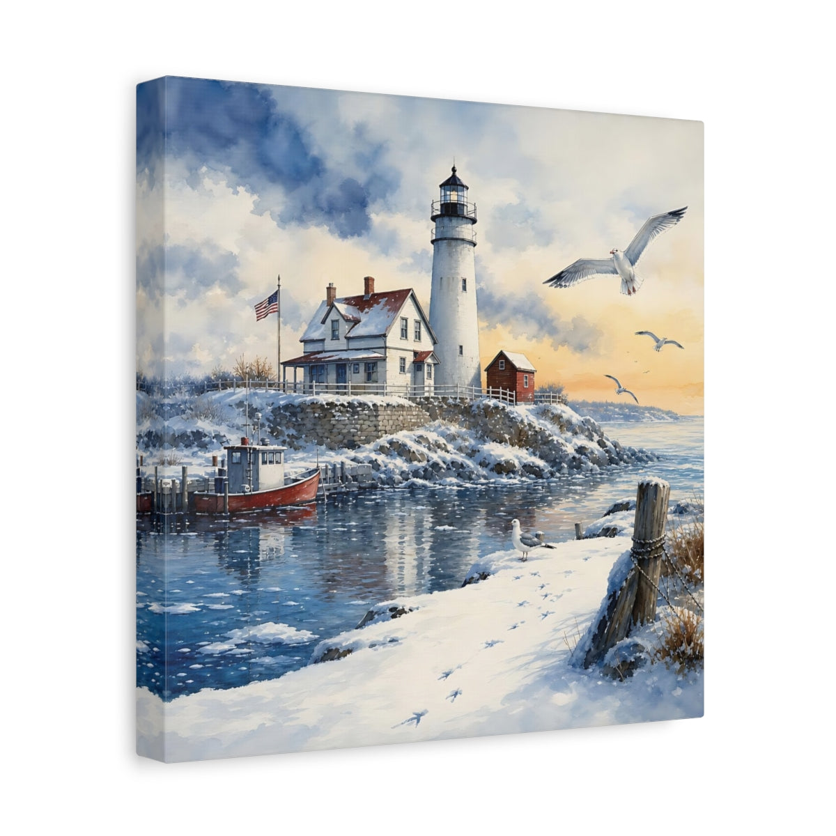Side Mockup 8. Nature Lighthouse Snowy Lighthouse shown as stretched canvas wall art