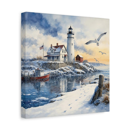 Side Mockup 8. Nature Lighthouse Snowy Lighthouse shown as stretched canvas wall art