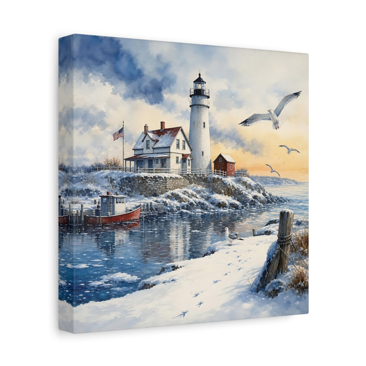 Side Mockup 9. Nature Lighthouse Snowy Lighthouse shown as stretched canvas wall art