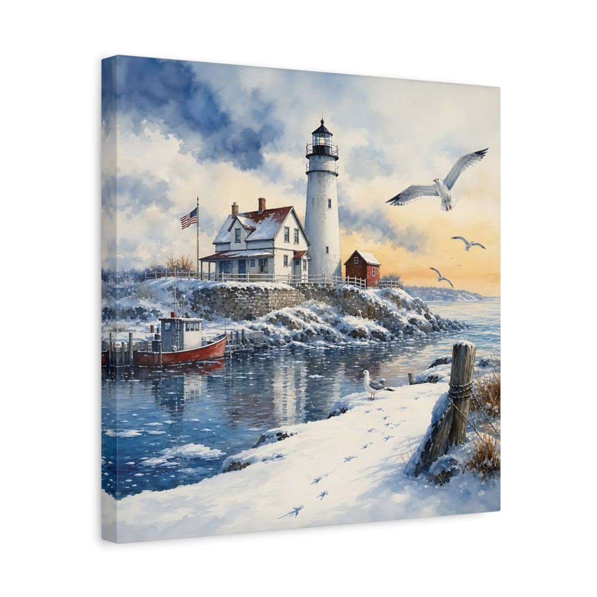 Side Mockup 6. Nature Lighthouse Snowy Lighthouse shown as stretched canvas wall art