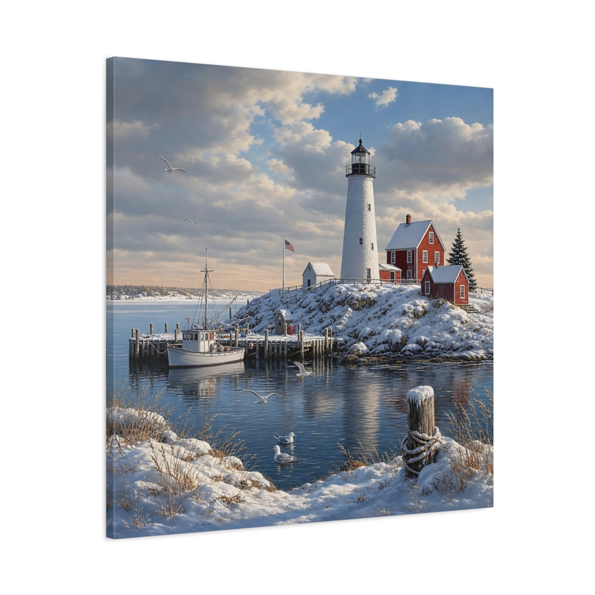 Main Mockup. Nature Lighthouse Snowy Coastal shown as stretched canvas wall art