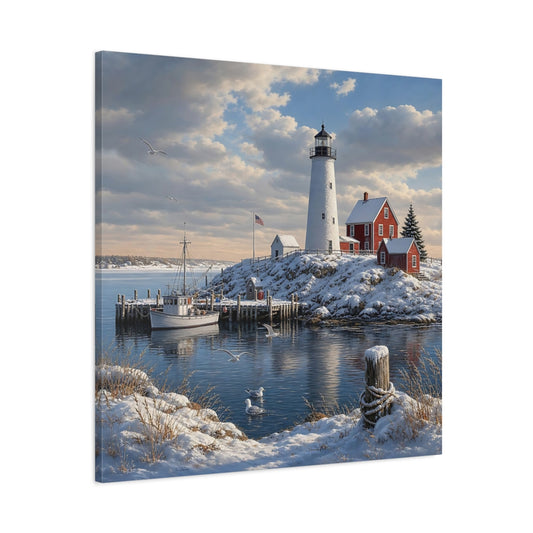Main Mockup. Nature Lighthouse Snowy Coastal shown as stretched canvas wall art