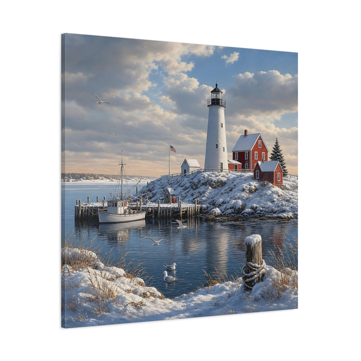 Side Mockup 1. Nature Lighthouse Snowy Coastal shown as stretched canvas wall art