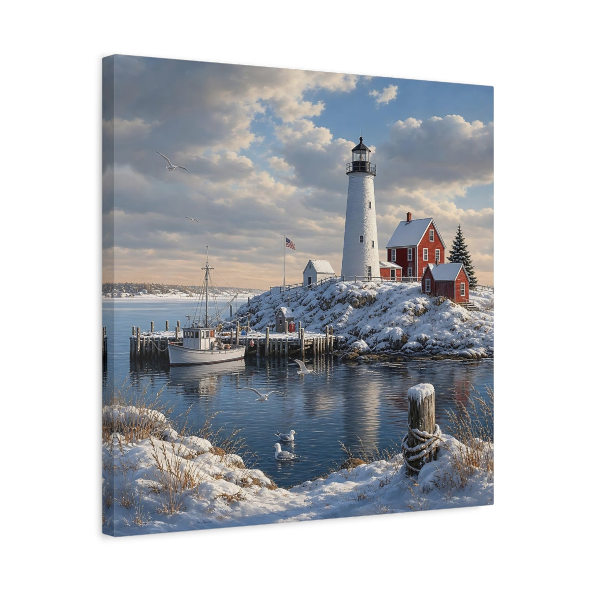 Side Mockup 5. Nature Lighthouse Snowy Coastal shown as stretched canvas wall art