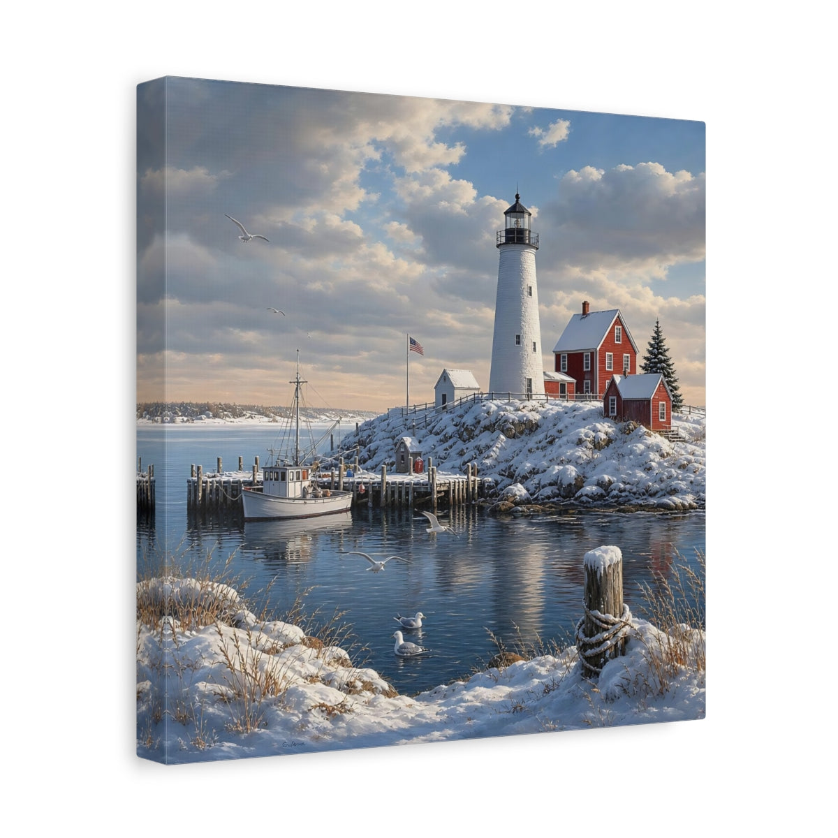 Side Mockup 8. Nature Lighthouse Snowy Coastal shown as stretched canvas wall art