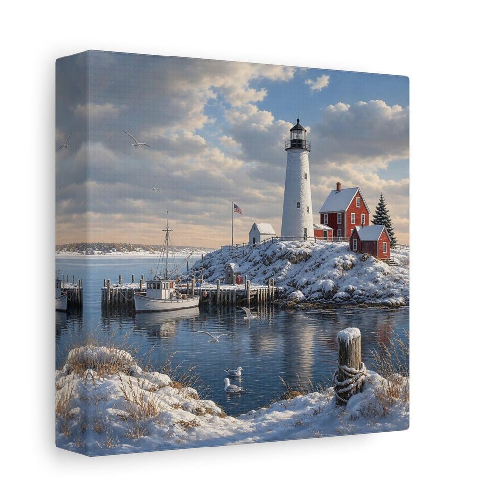 Side Mockup 2. Nature Lighthouse Snowy Coastal shown as stretched canvas wall art