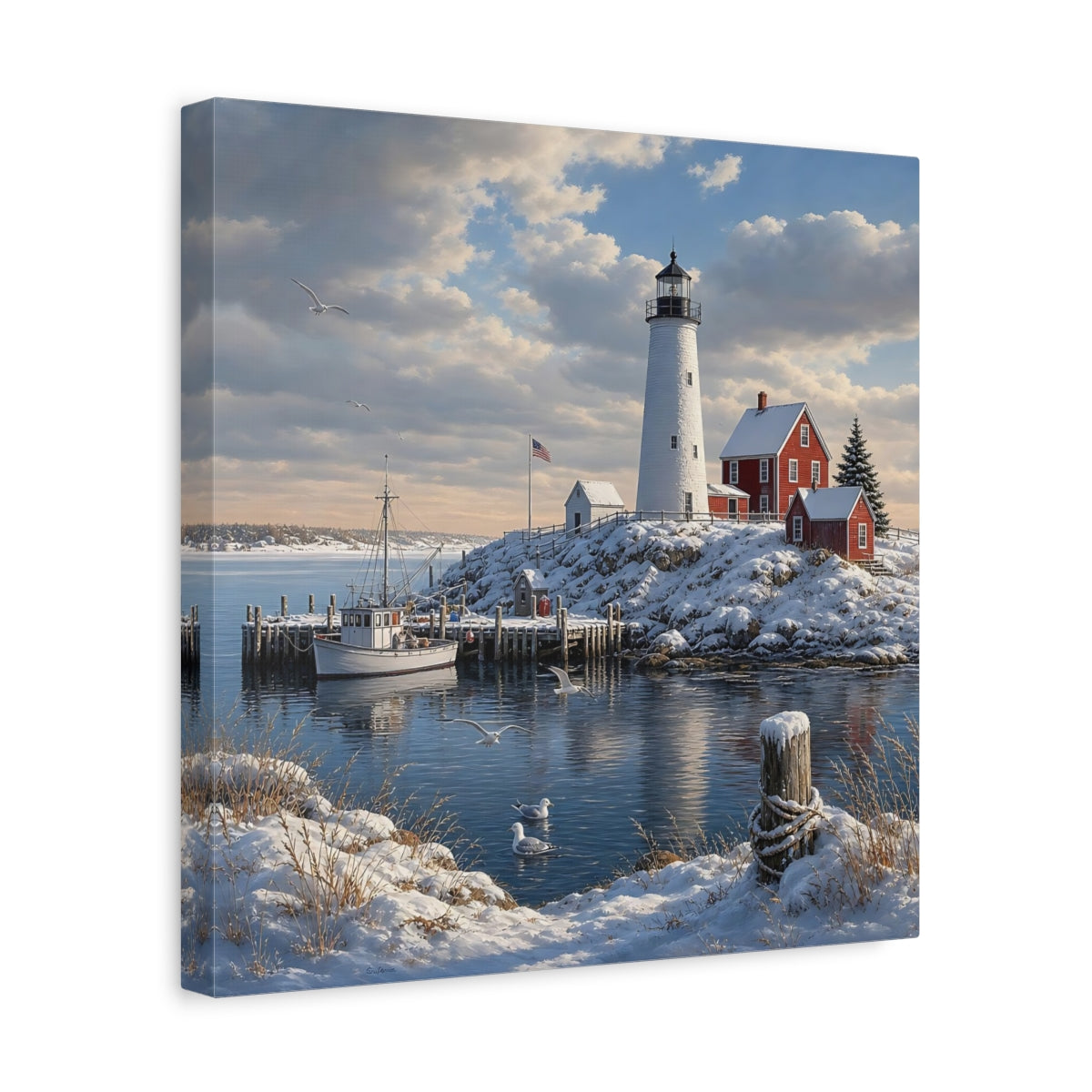 Side Mockup 7. Nature Lighthouse Snowy Coastal shown as stretched canvas wall art