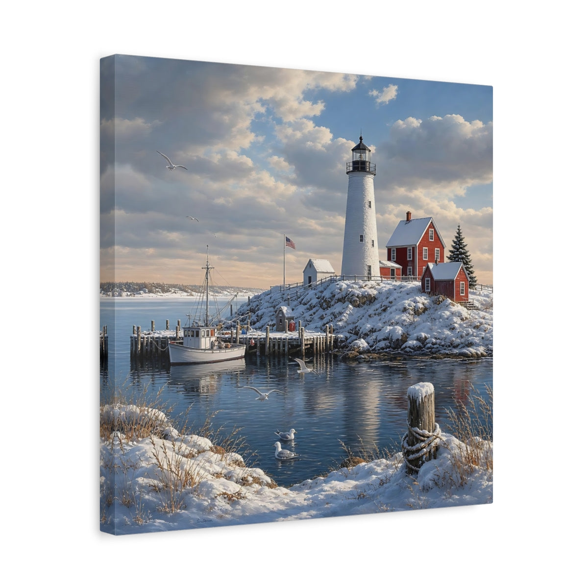 Side Mockup 6. Nature Lighthouse Snowy Coastal shown as stretched canvas wall art
