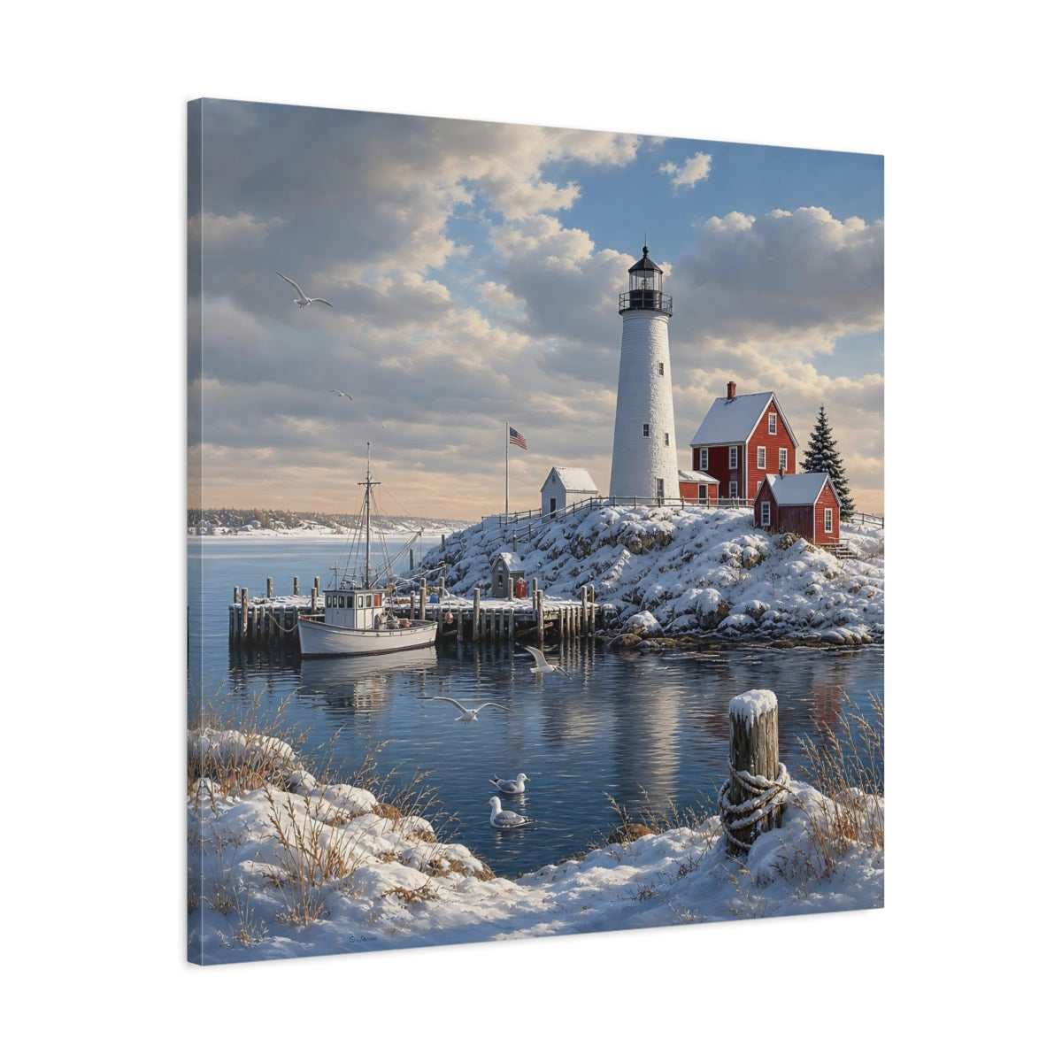 Side Mockup 3. Nature Lighthouse Snowy Coastal shown as stretched canvas wall art