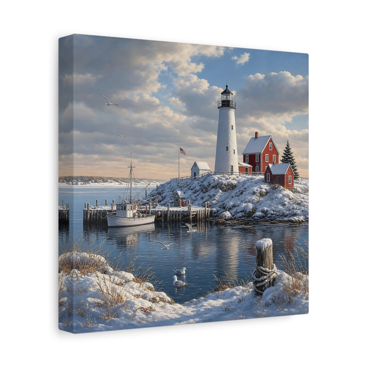 Side Mockup 9. Nature Lighthouse Snowy Coastal shown as stretched canvas wall art