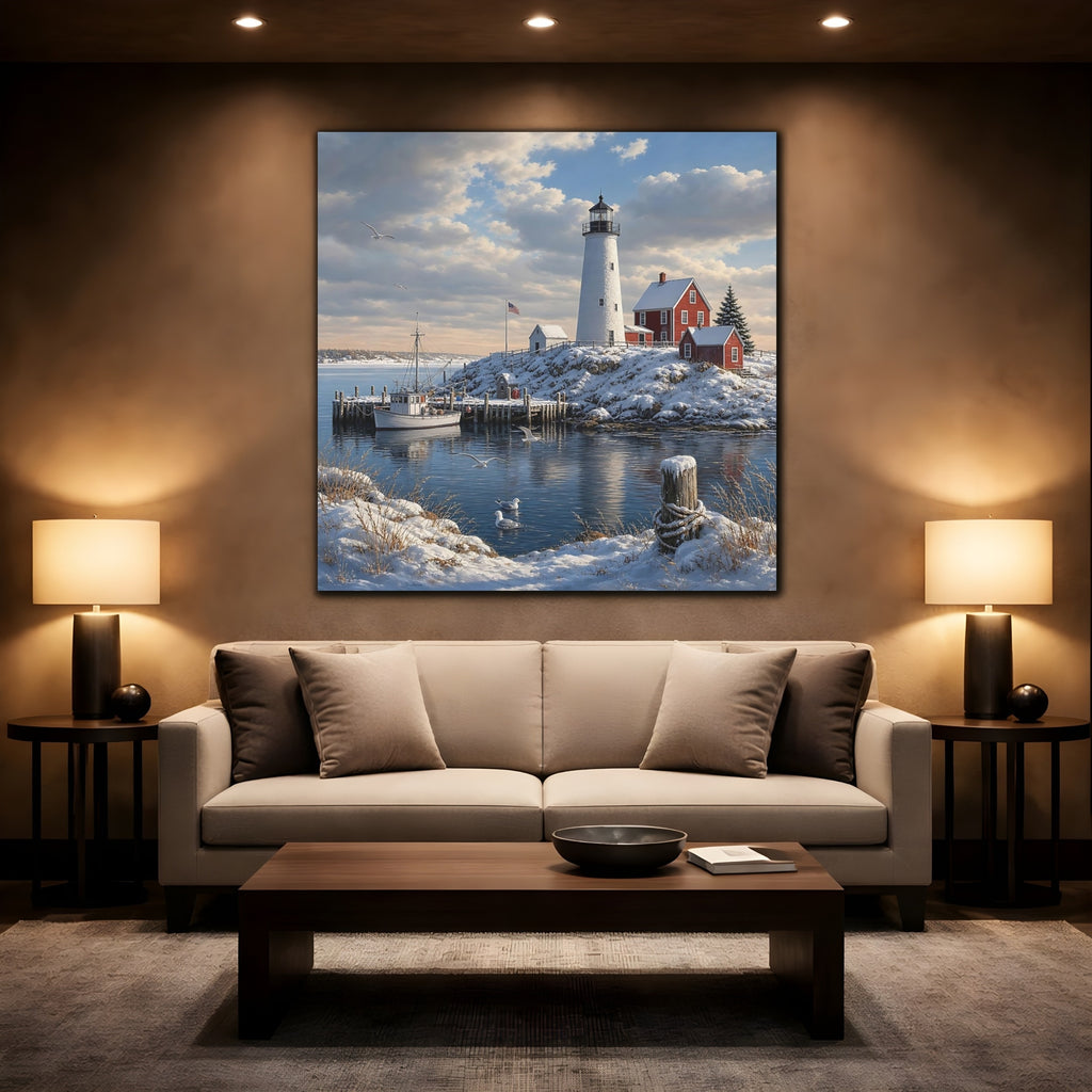 Mockup 2. Nature Lighthouse Snowy Coastal shown as stretched canvas wall art