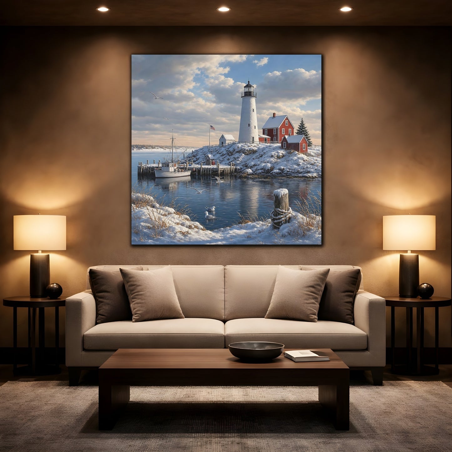 Mockup 2. Nature Lighthouse Snowy Coastal shown as stretched canvas wall art