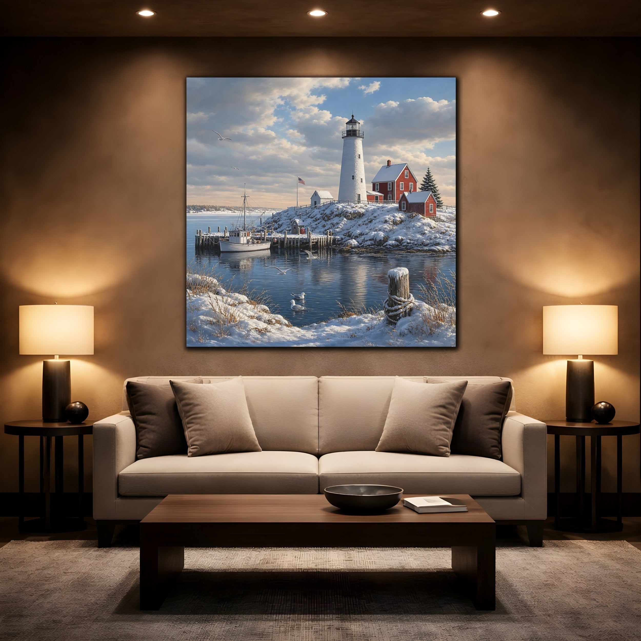 Mockup 2. Nature Lighthouse Snowy Coastal shown as stretched canvas wall art