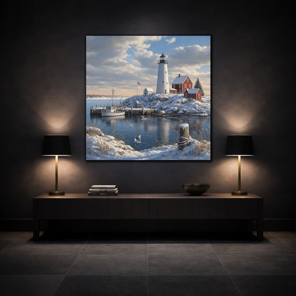 Mockup 3. Nature Lighthouse Snowy Coastal shown as stretched canvas wall art
