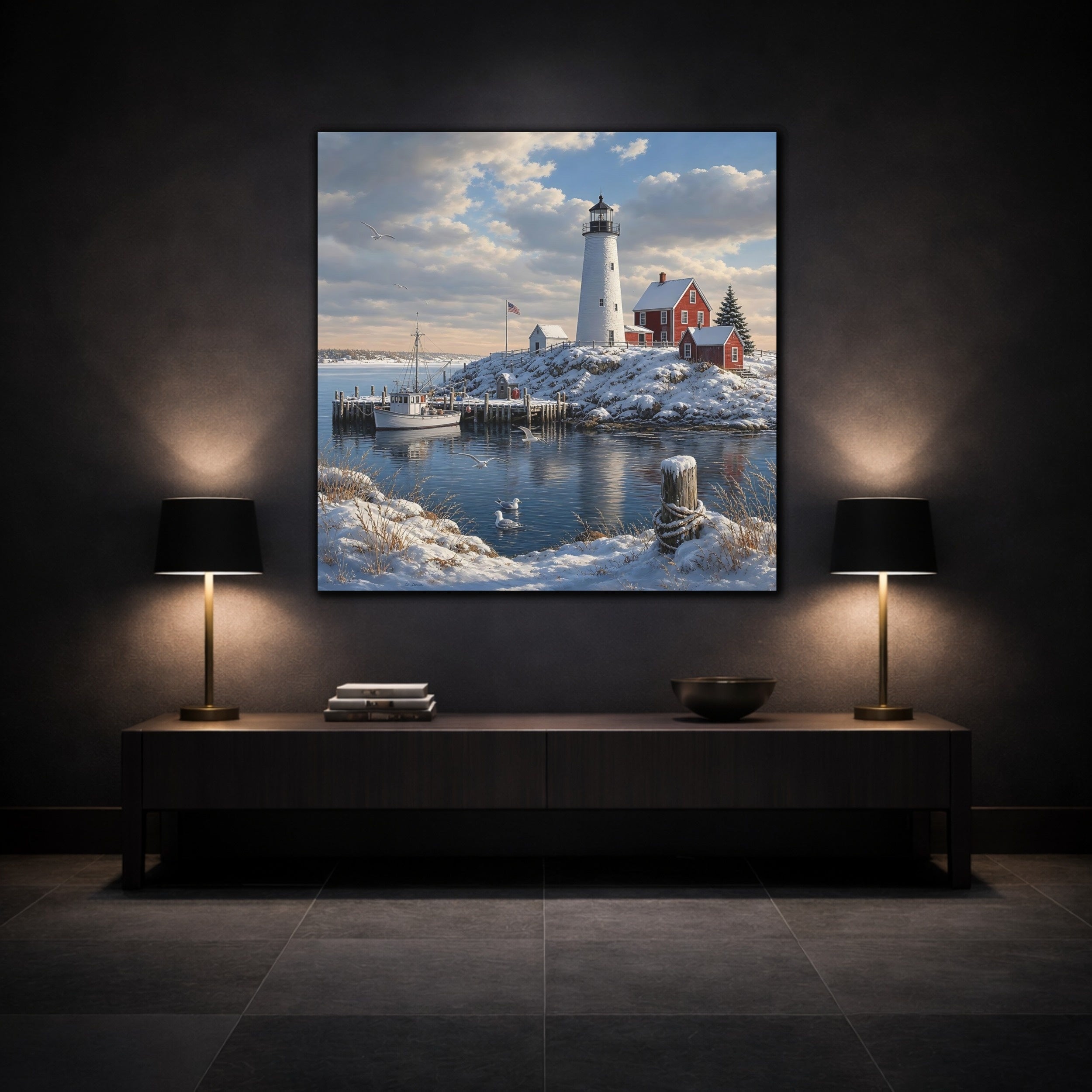 Mockup 3. Nature Lighthouse Snowy Coastal shown as stretched canvas wall art