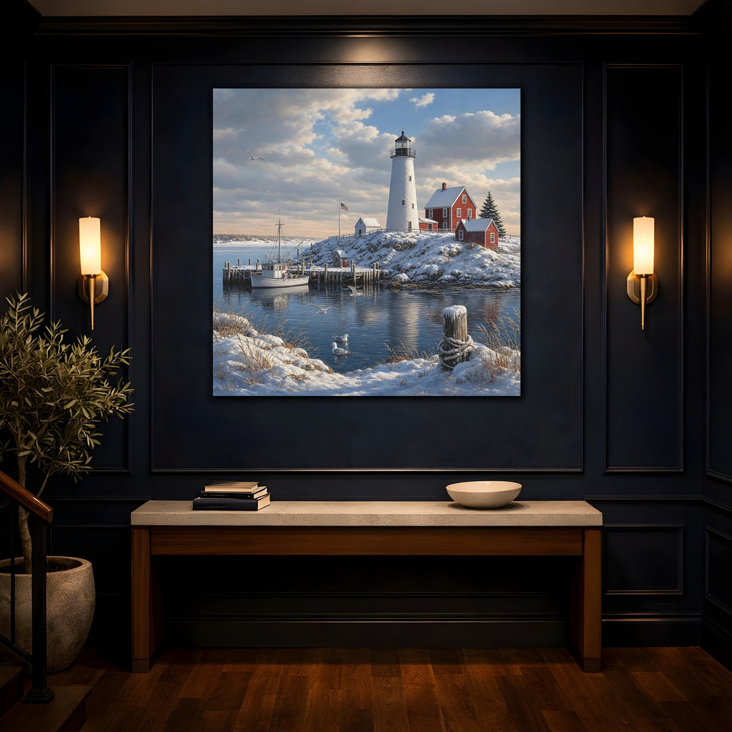 Mockup 4. Nature Lighthouse Snowy Coastal shown as stretched canvas wall art
