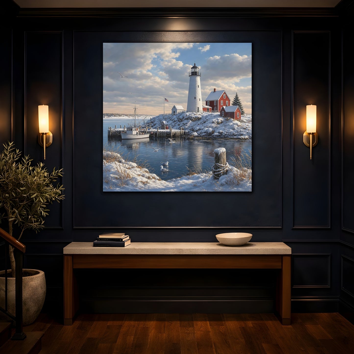 Mockup 4. Nature Lighthouse Snowy Coastal shown as stretched canvas wall art
