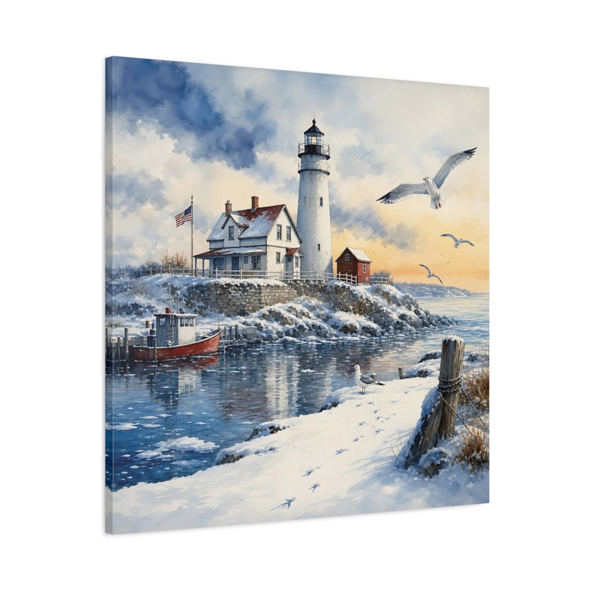 Main Mockup. Nature Lighthouse Snowy Lighthouse shown as stretched canvas wall art