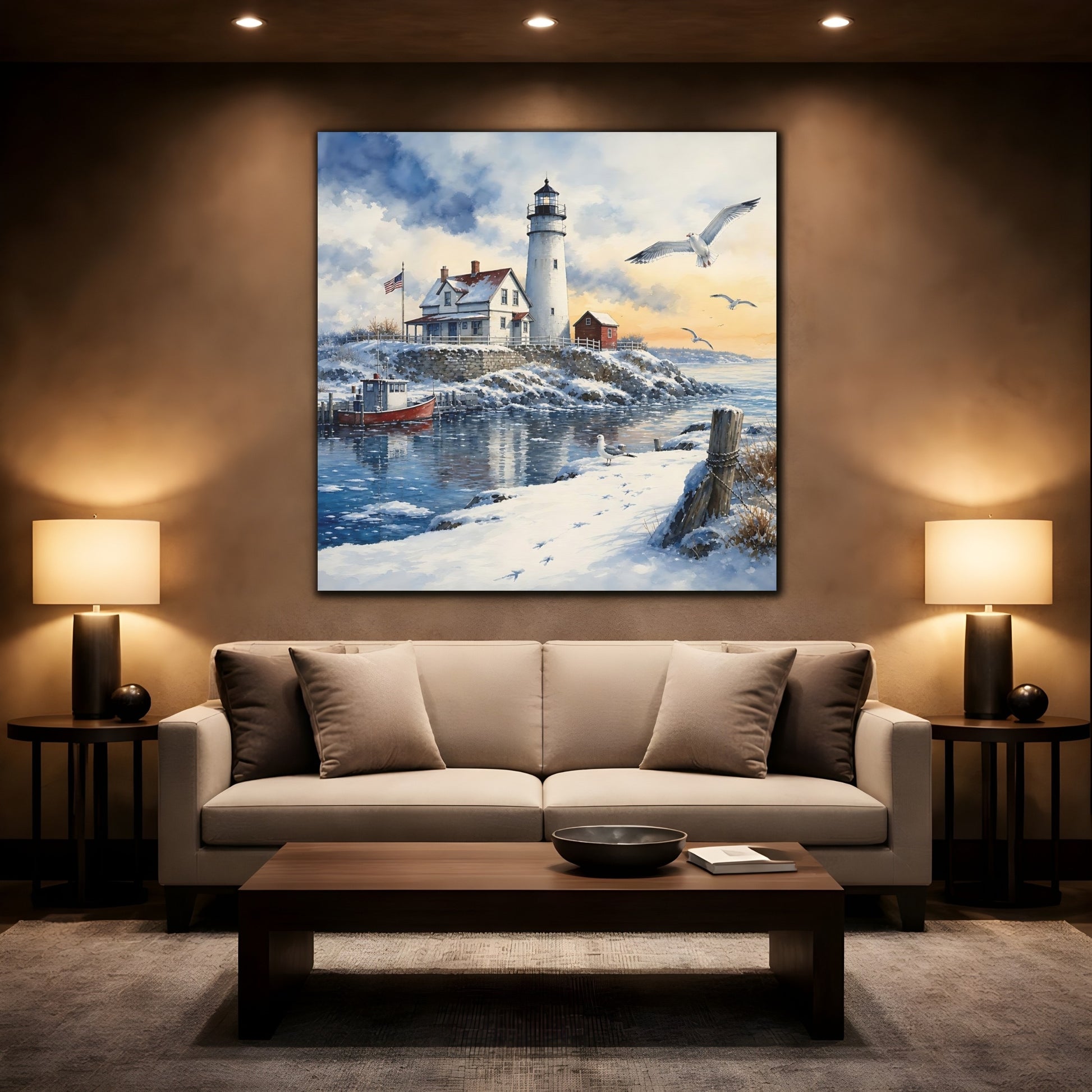 Mockup 2. Nature Lighthouse Snowy Lighthouse shown as stretched canvas wall art
